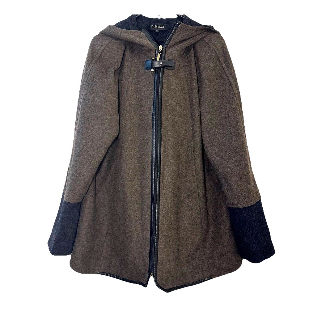 Ellen Tracy Wool Blend Hooded Coat Size 12 Brown Zip Front Faux Leather Trim